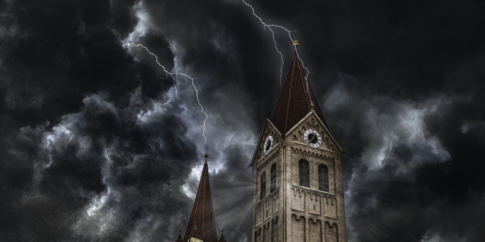 A church tower with lightning striking it on a dark moody night