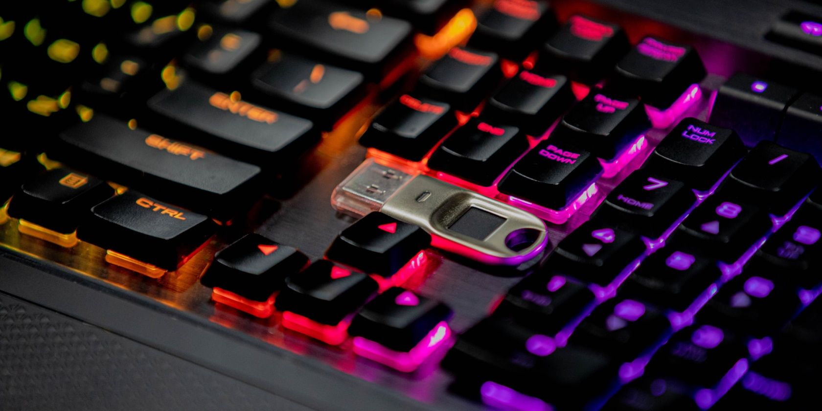 closeup of a usb stick on a keyboard
