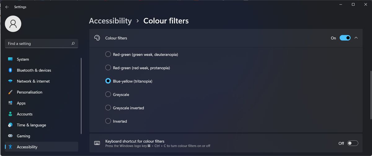 Color filters settings in Windows 11