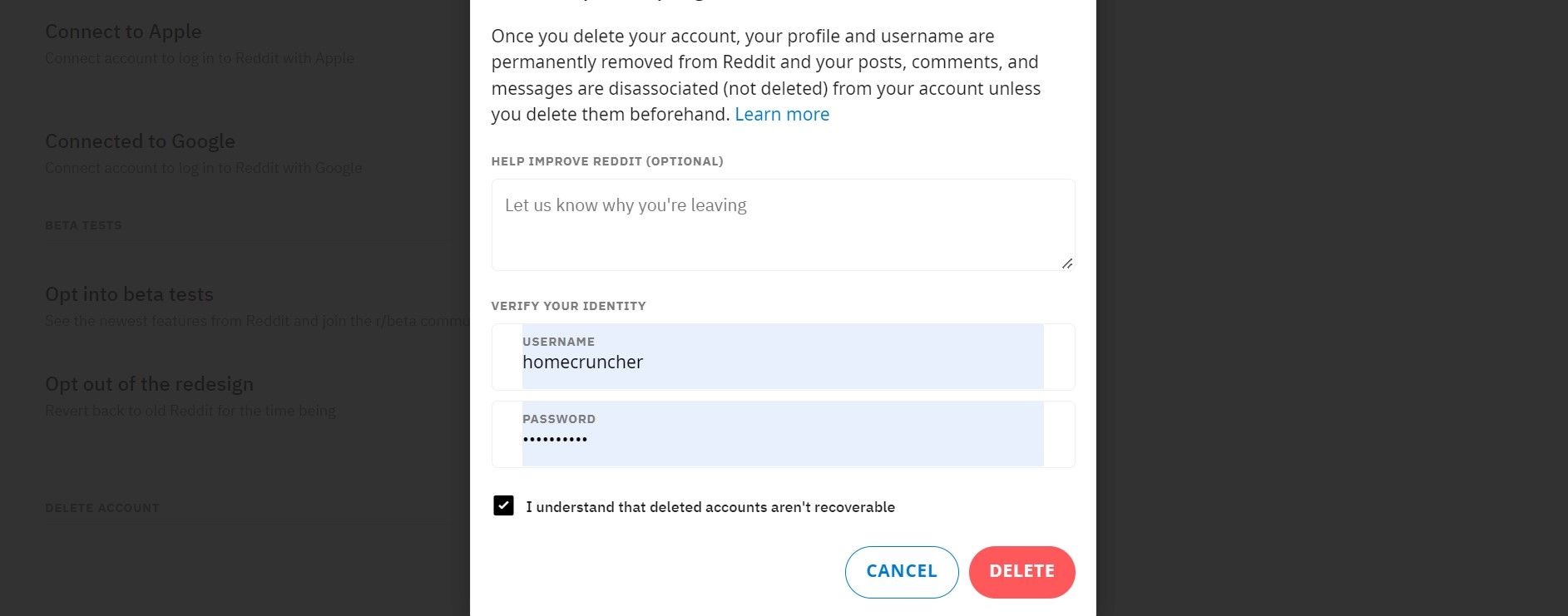 Screenshot asking user to confirm that they want to delete Reddit account
