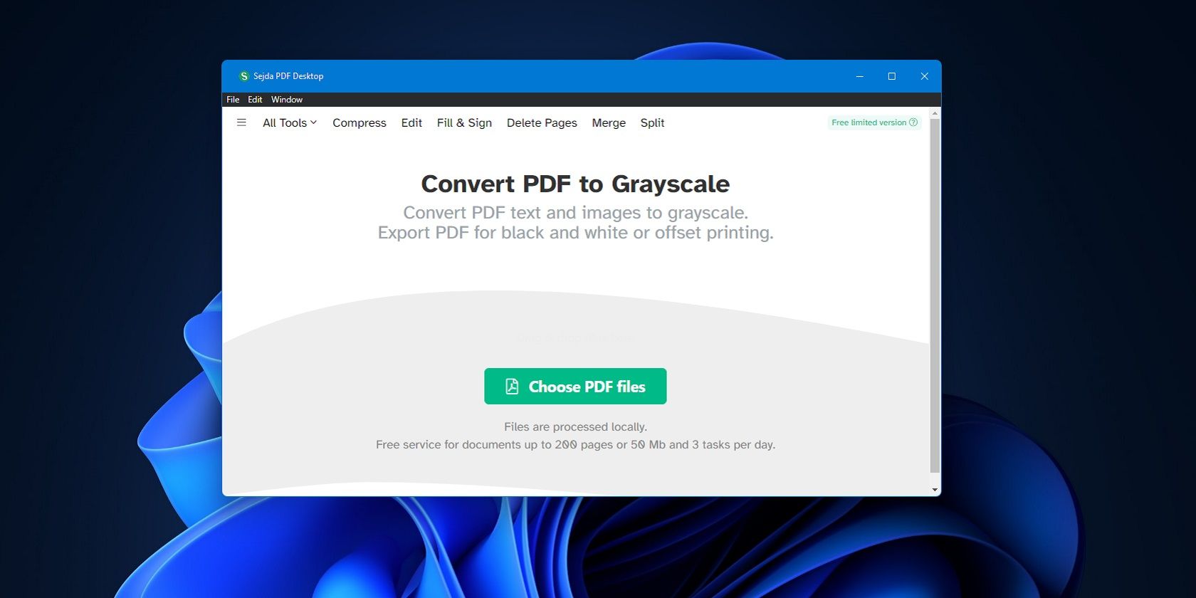 The Sejda PDF Desktop grayscale converter 