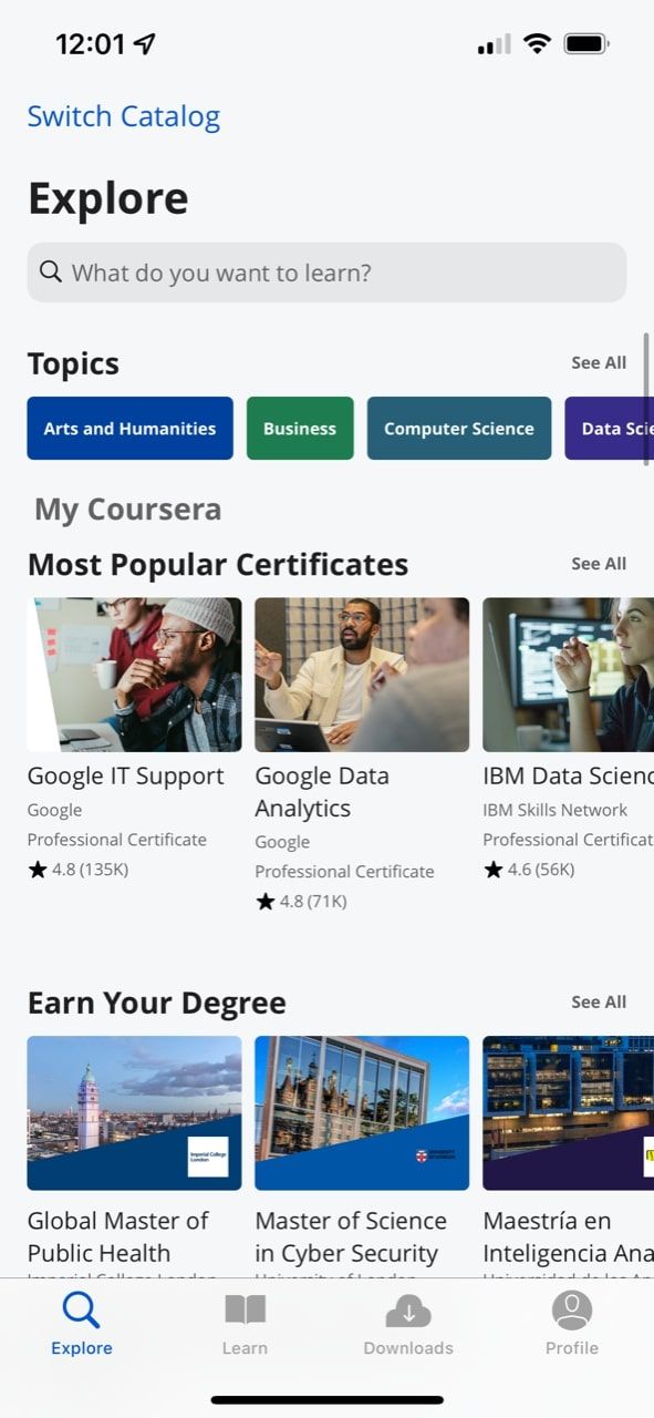 Coursera subjects page