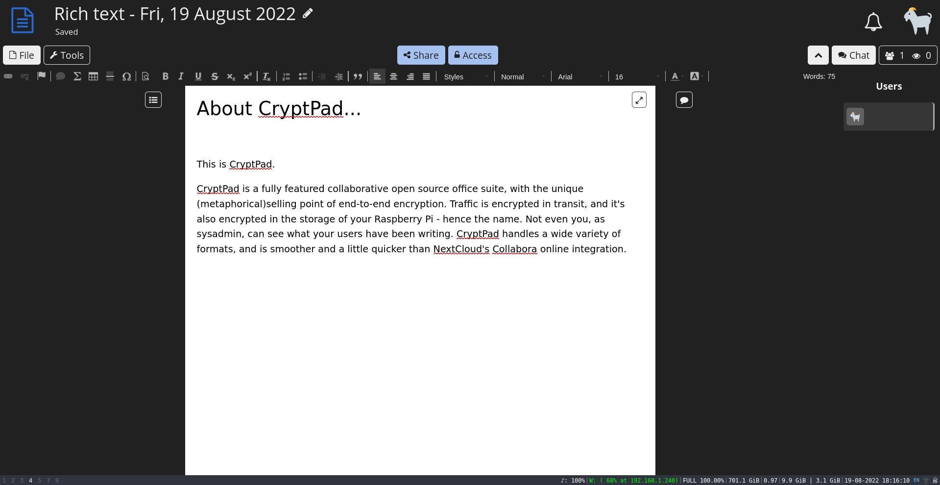cryptpad showing a document with 75 words of text