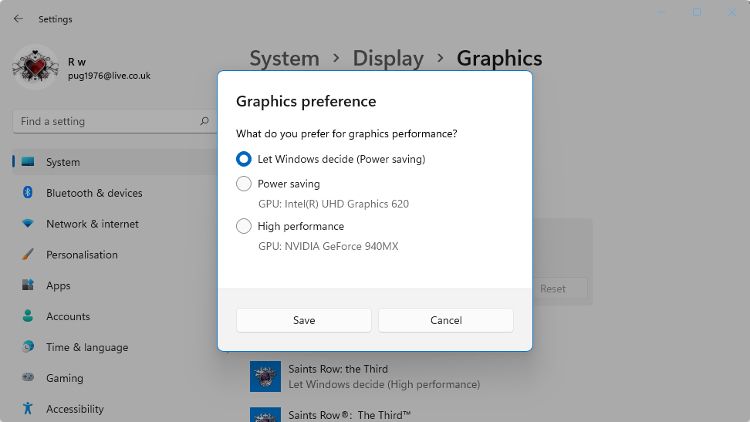 The custom app graphic settings in Windows 11