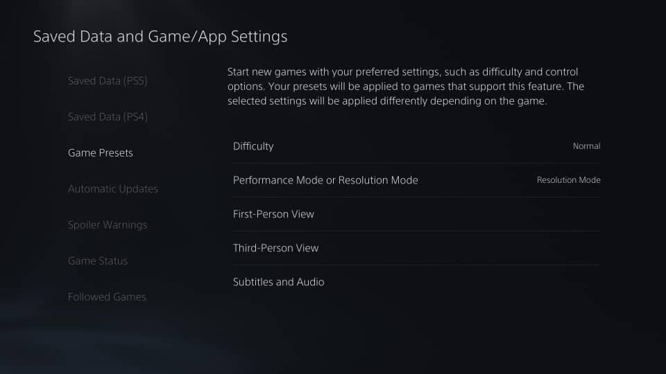 A PS5 screenshot showing game presets settings