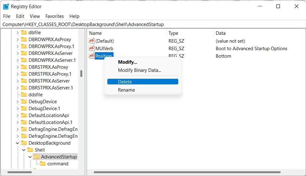 deleting a key in the windows registry editor