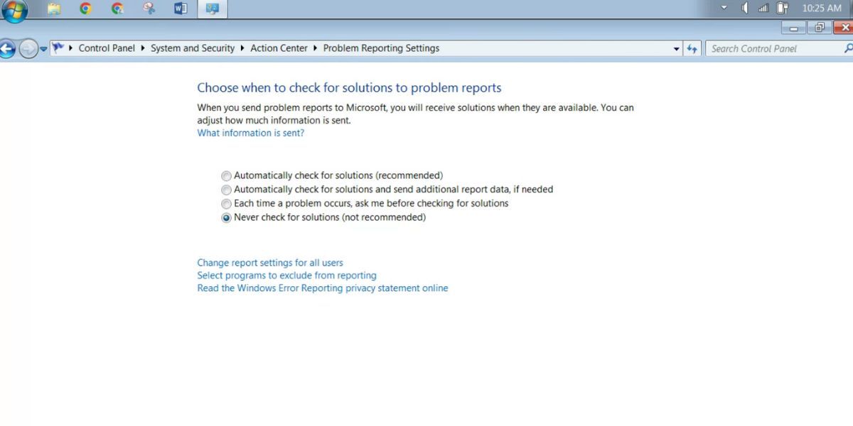 disable Windows Error Report on Windows 7