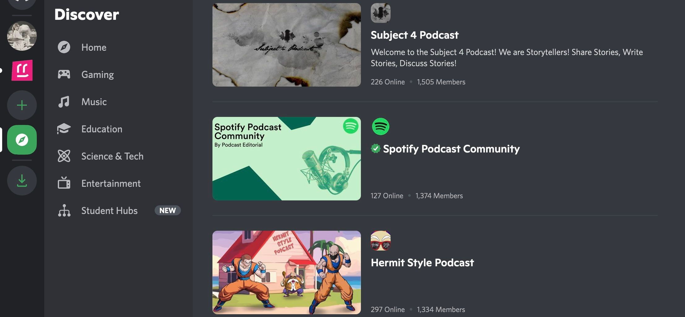 A screenshot of Discord showing search results for communities about podcasting.