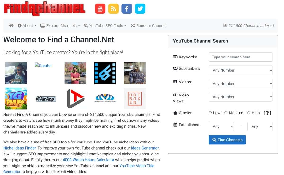 Find A Channel features a strong search and filter tool to find YouTube channels based on subscriber count, video views, or keywords