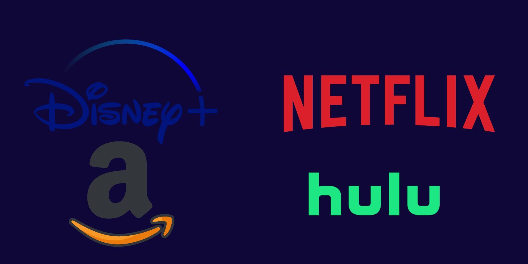 The logos of Disney Plus Netflix Amazon and Hulu on a dark blue background