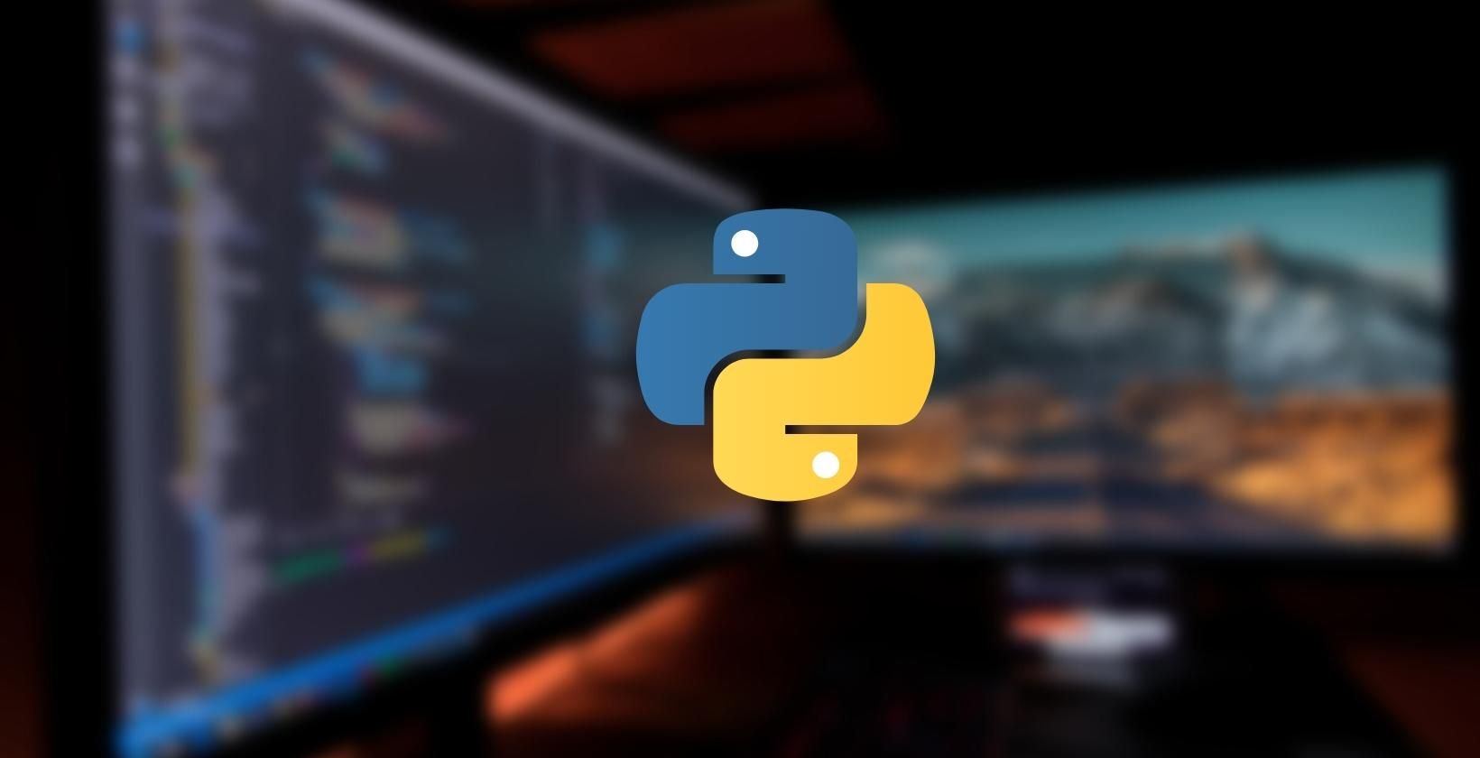A dual monitor setup with the Python logo superimposed in the foreground