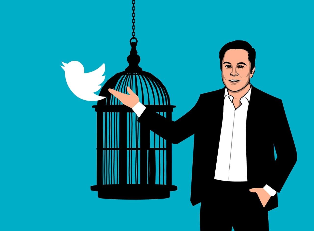 Illustration of Elon Musk with a cage and Twitter logo