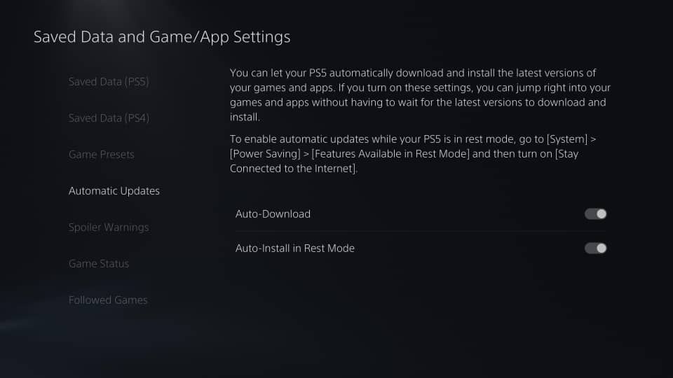 A PS5 screenshot showing how to enable automatic updates