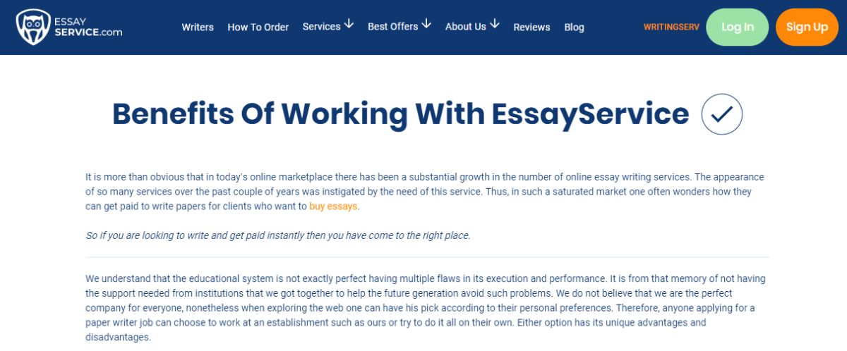 An image showing the Essay Service website homepage