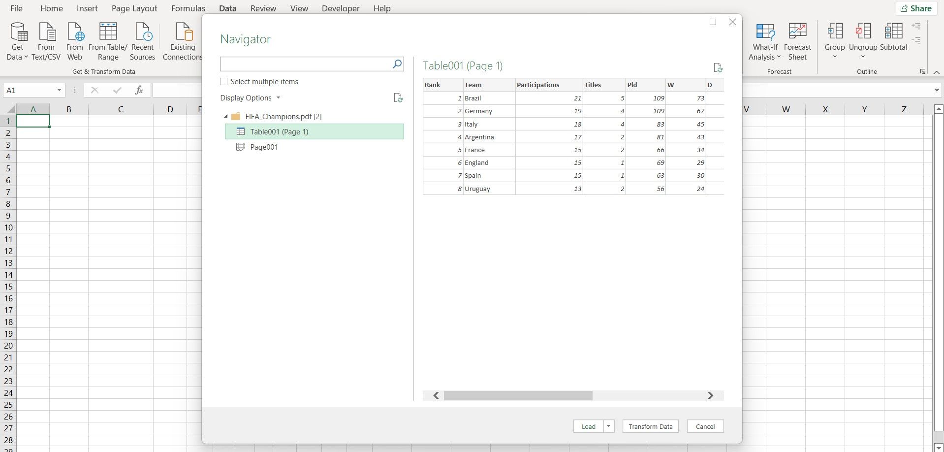 Imported data navigator in Excel