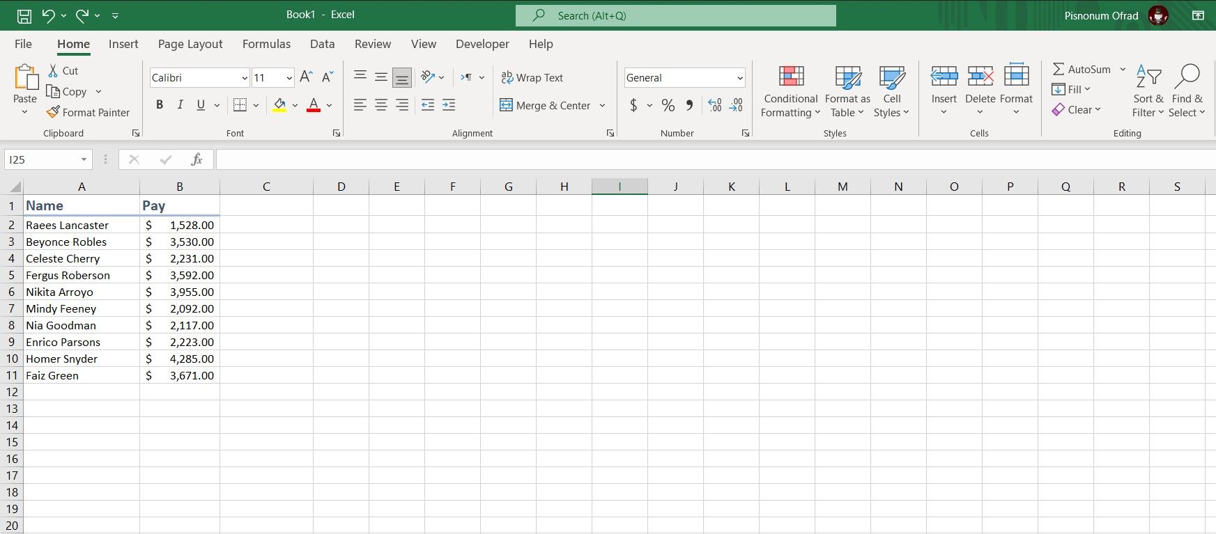 Sample spreadsheet in Excel