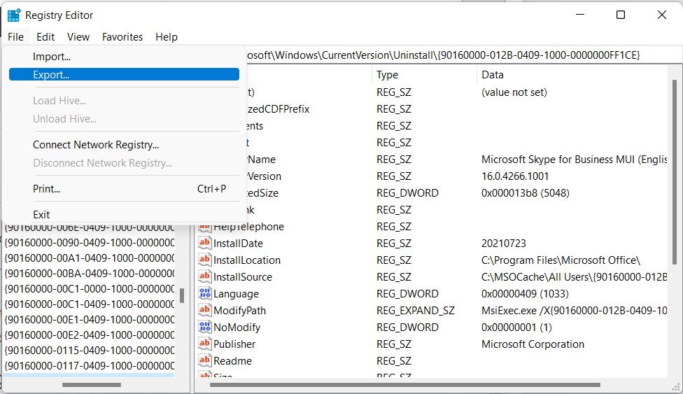 exporting the windows registry