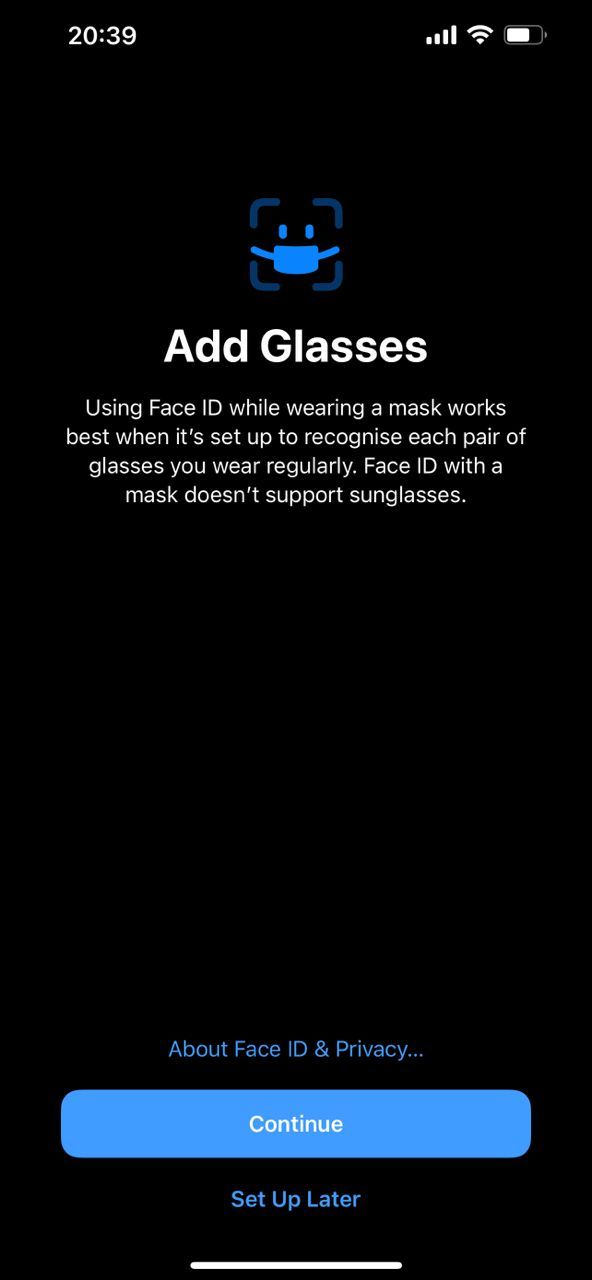 Face ID page showing how to add glasses.