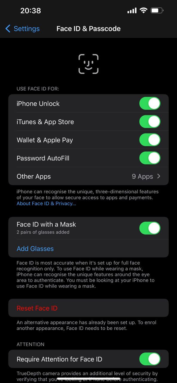 Face ID options.