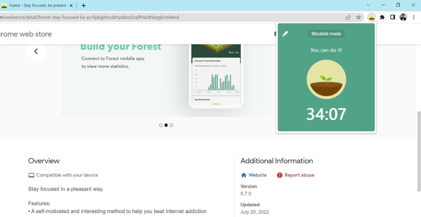 Work timer on the Forest extension