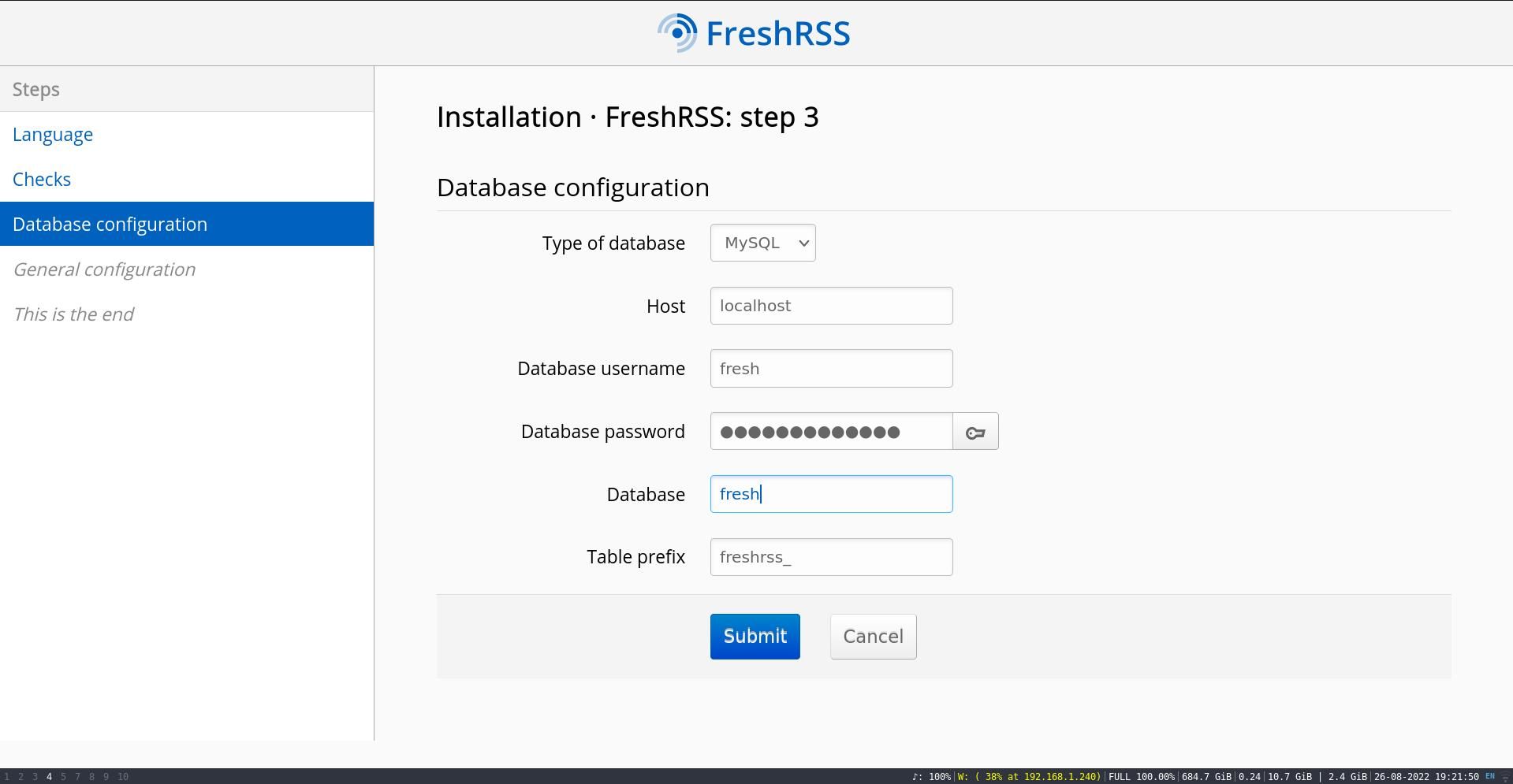 freshrss database config