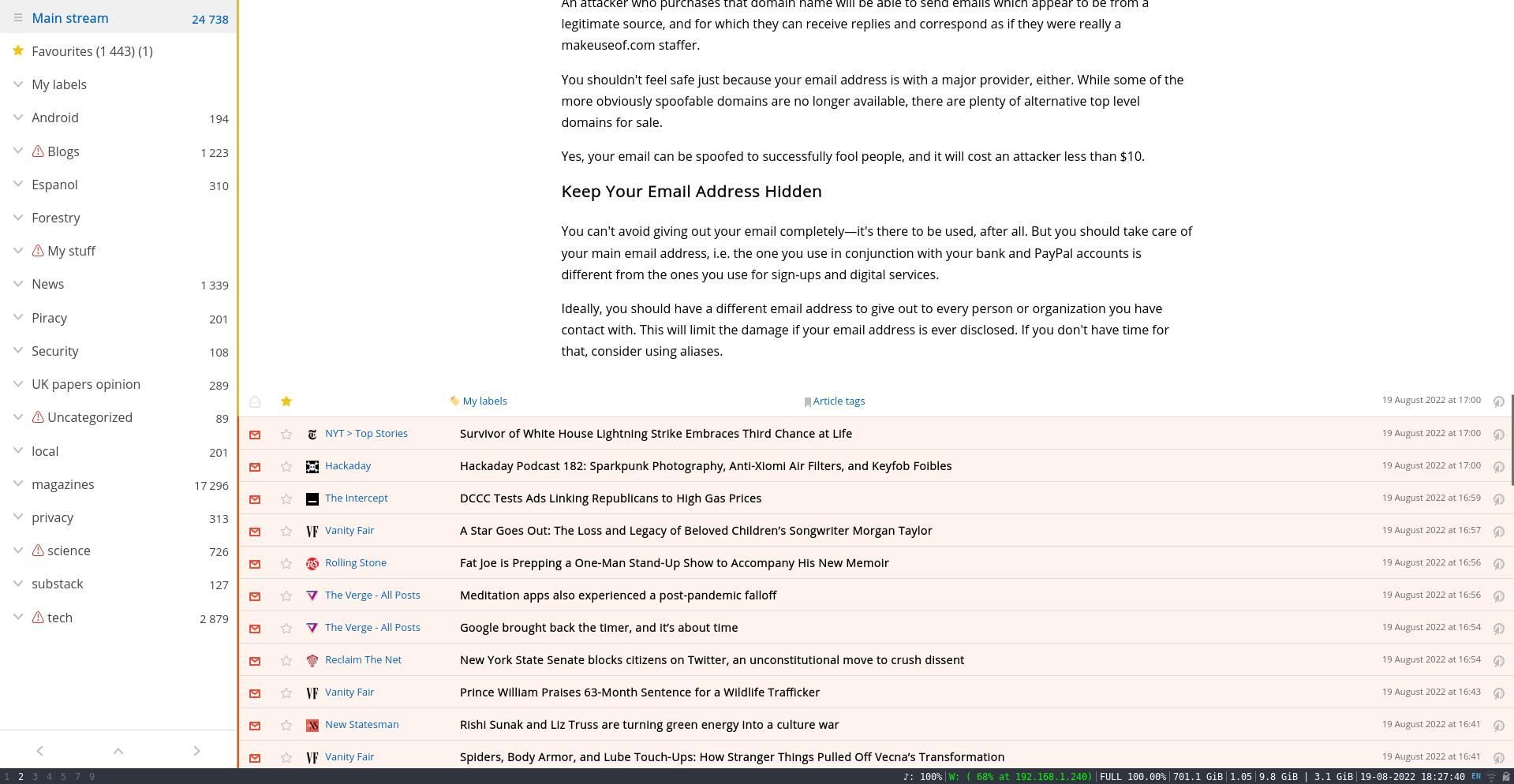 freshrss showing feeds and categories and the full text of an MUO article