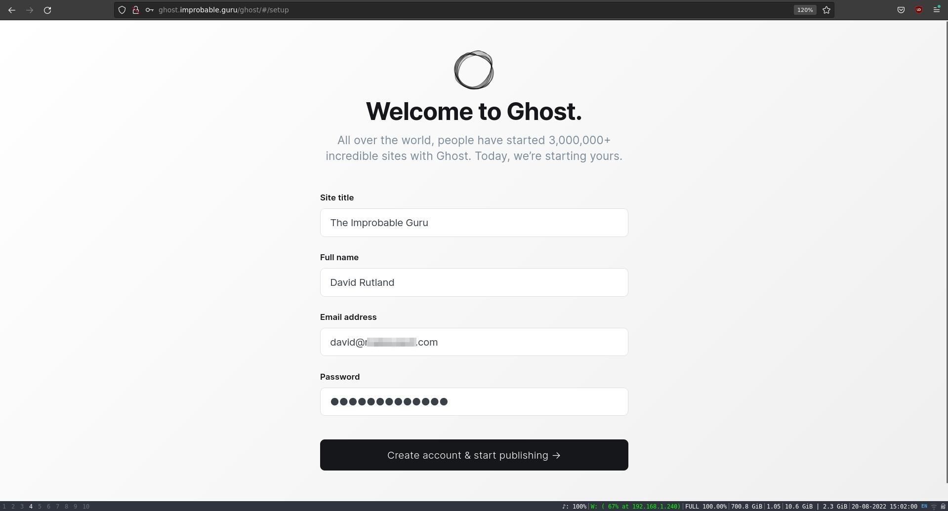 ghost initial account creation reading, "welcome to Ghost"