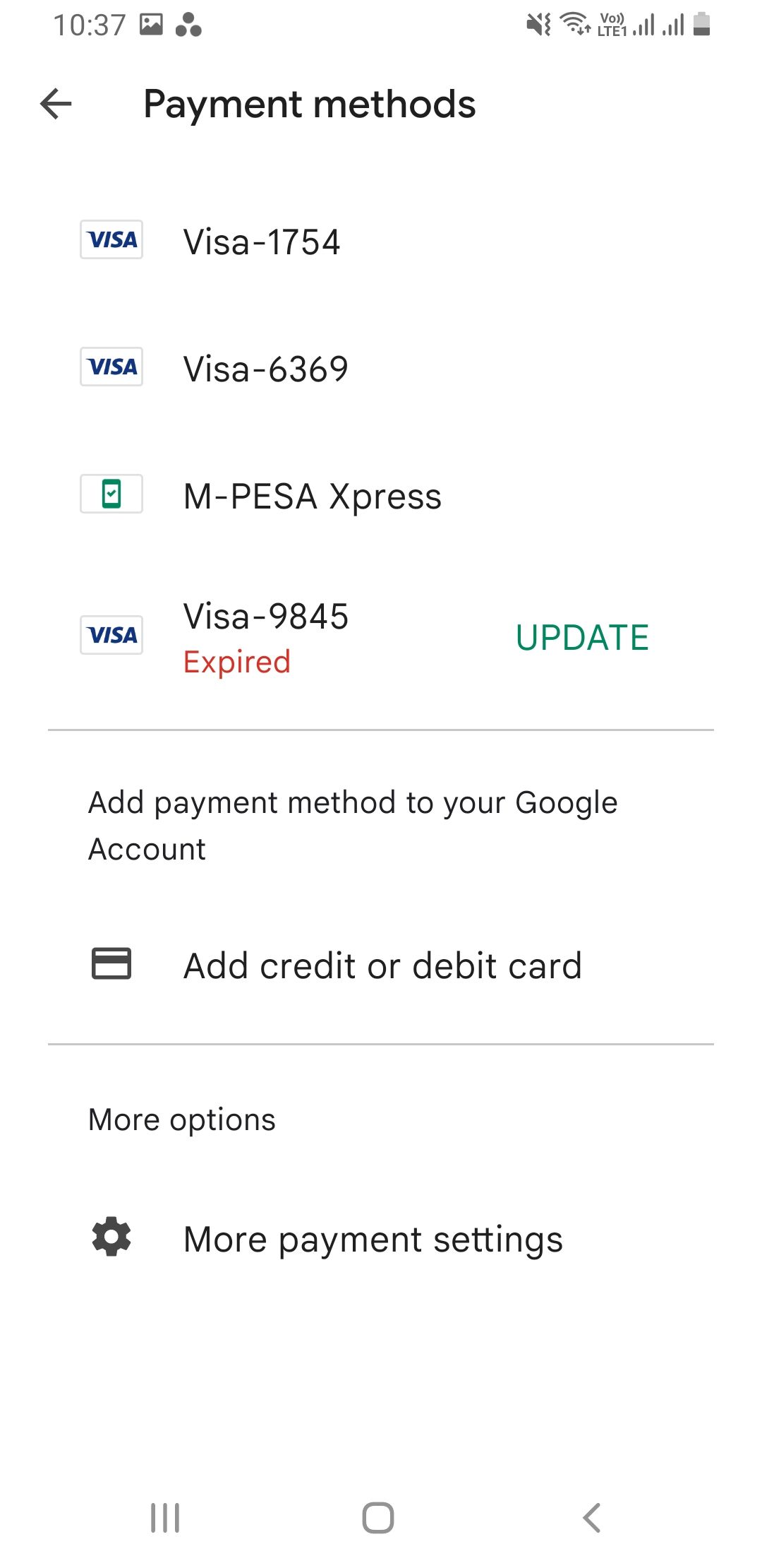 Screenshot of credit cards added on Play Store