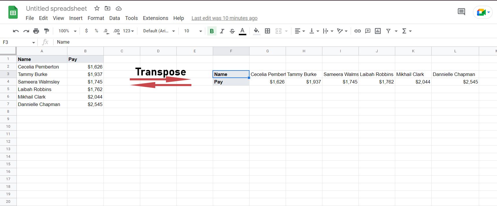 Transposed data table in Google Sheets