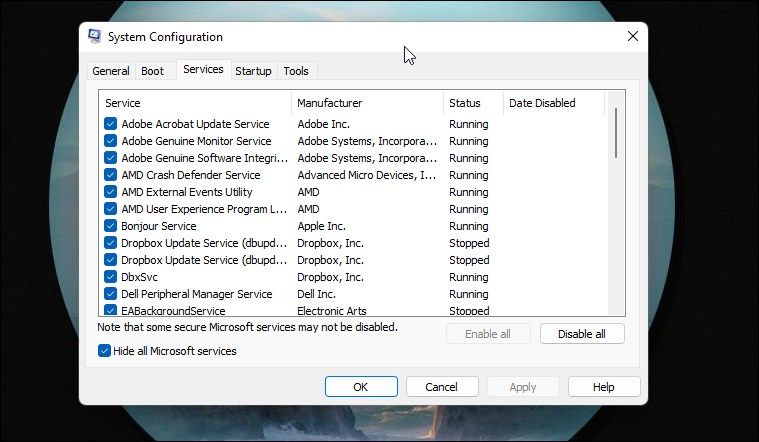Windows 11 System Configuration App showing Hide all Microsoft services option.