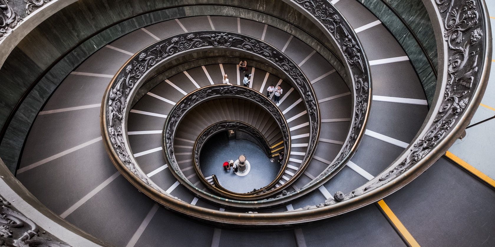 A high angle shot of circular stairs