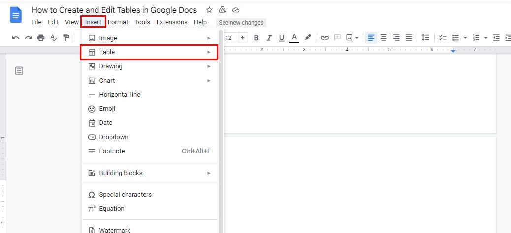 Inserting table in Google Docs via menu bar