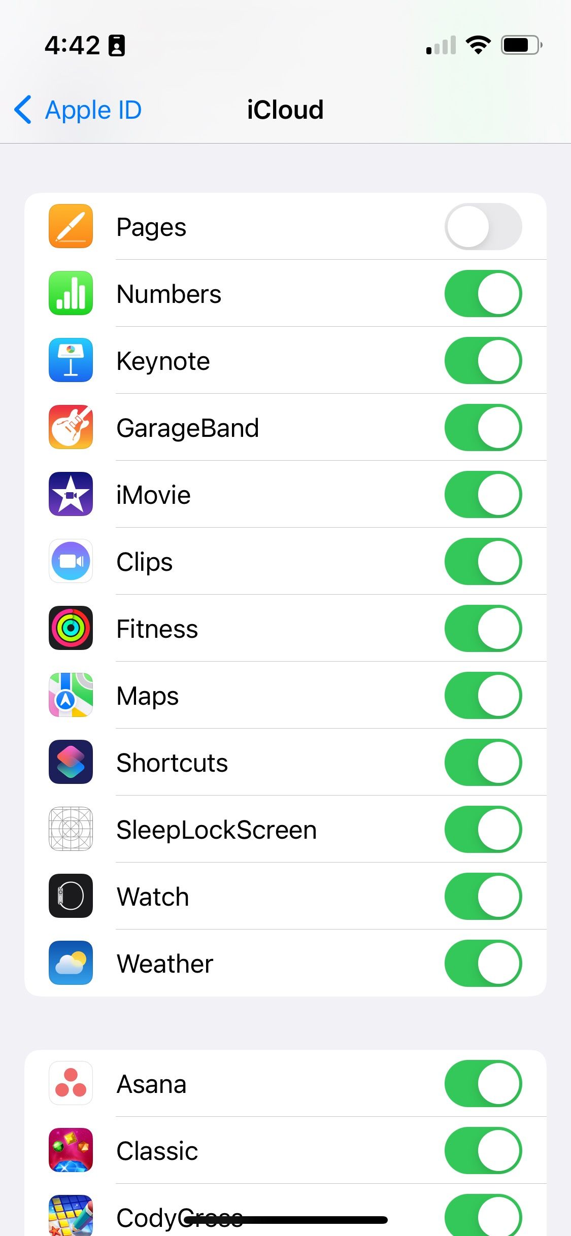 Settings menu for cloud drive on iPhone