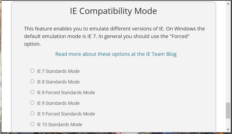 The IE Compatibility Mode options 