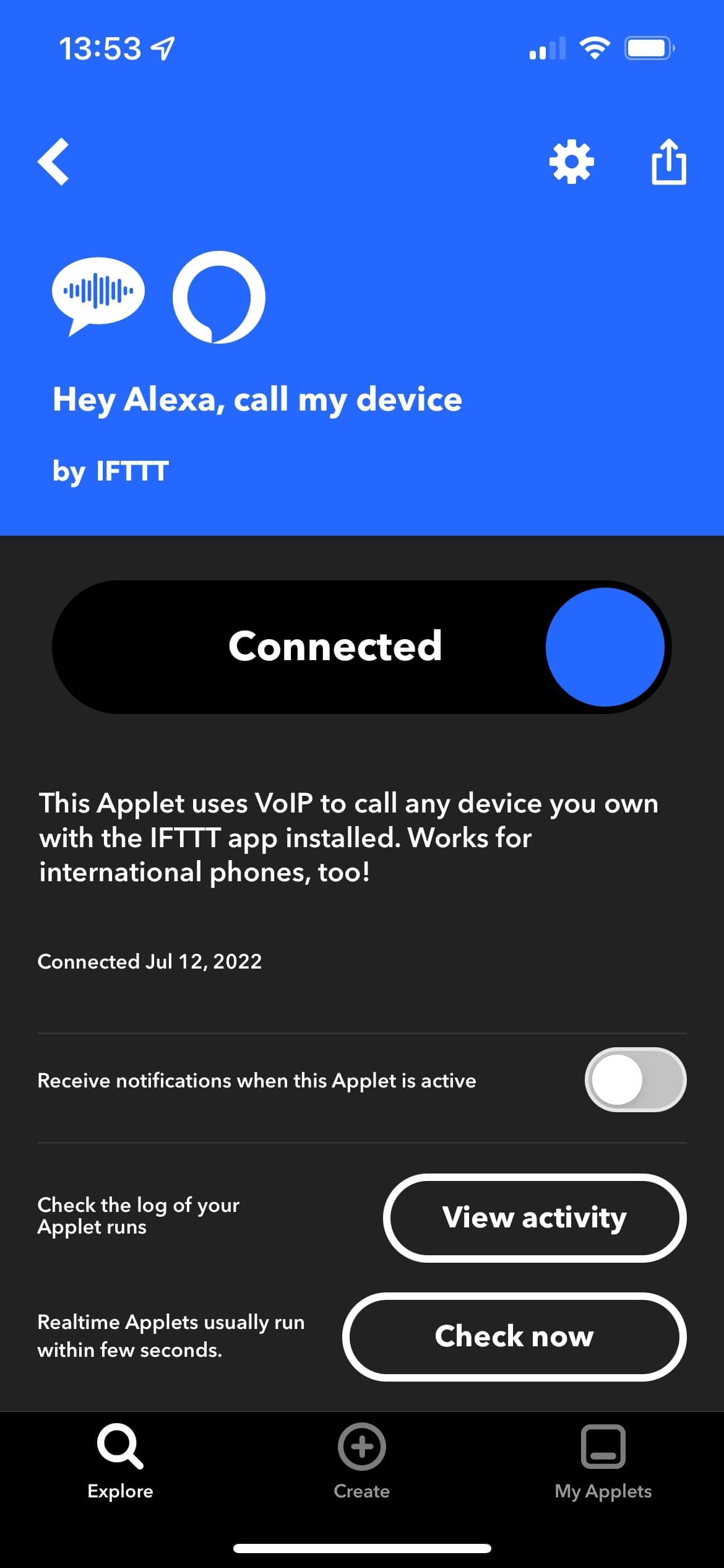 An IFTTT Applet showing as connected