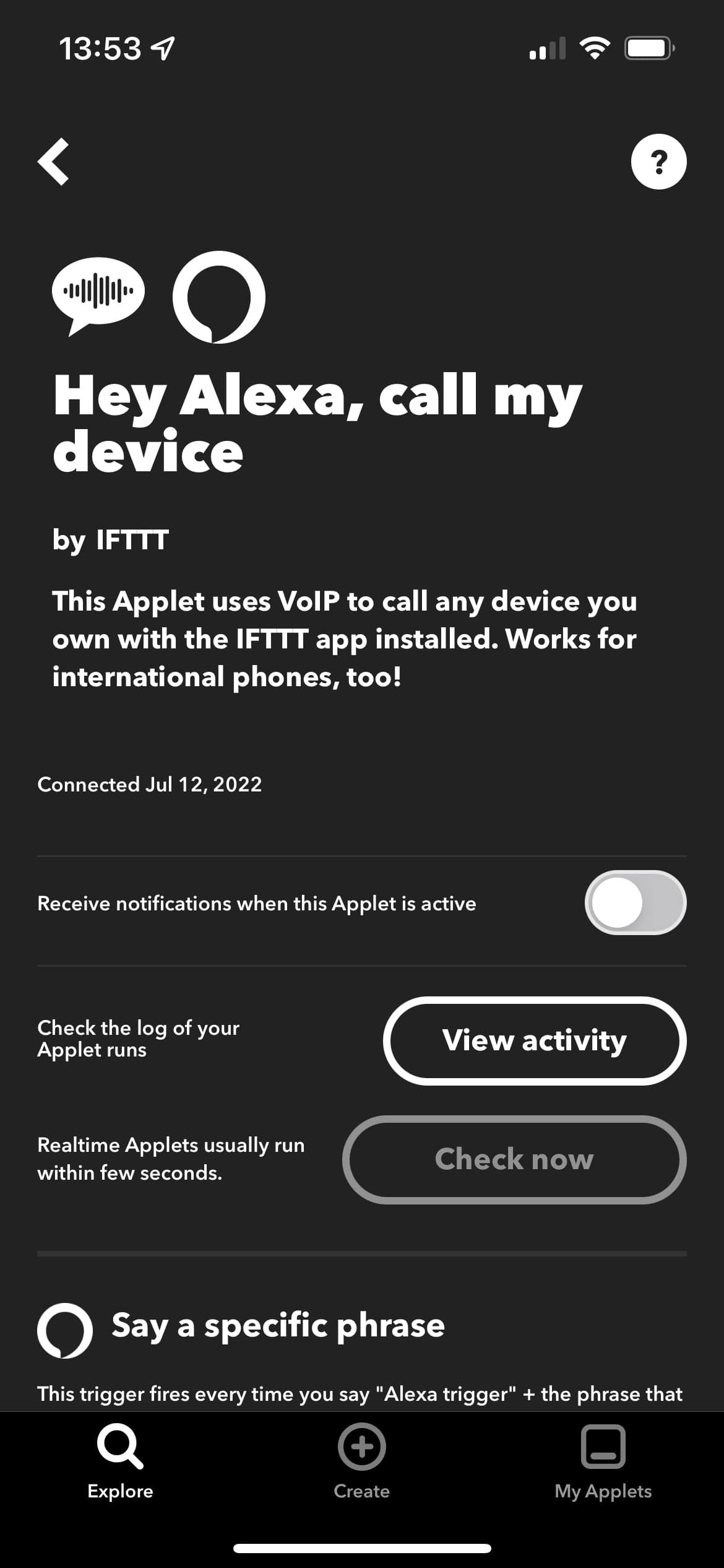 Top half of the IFTTT Applet setup page