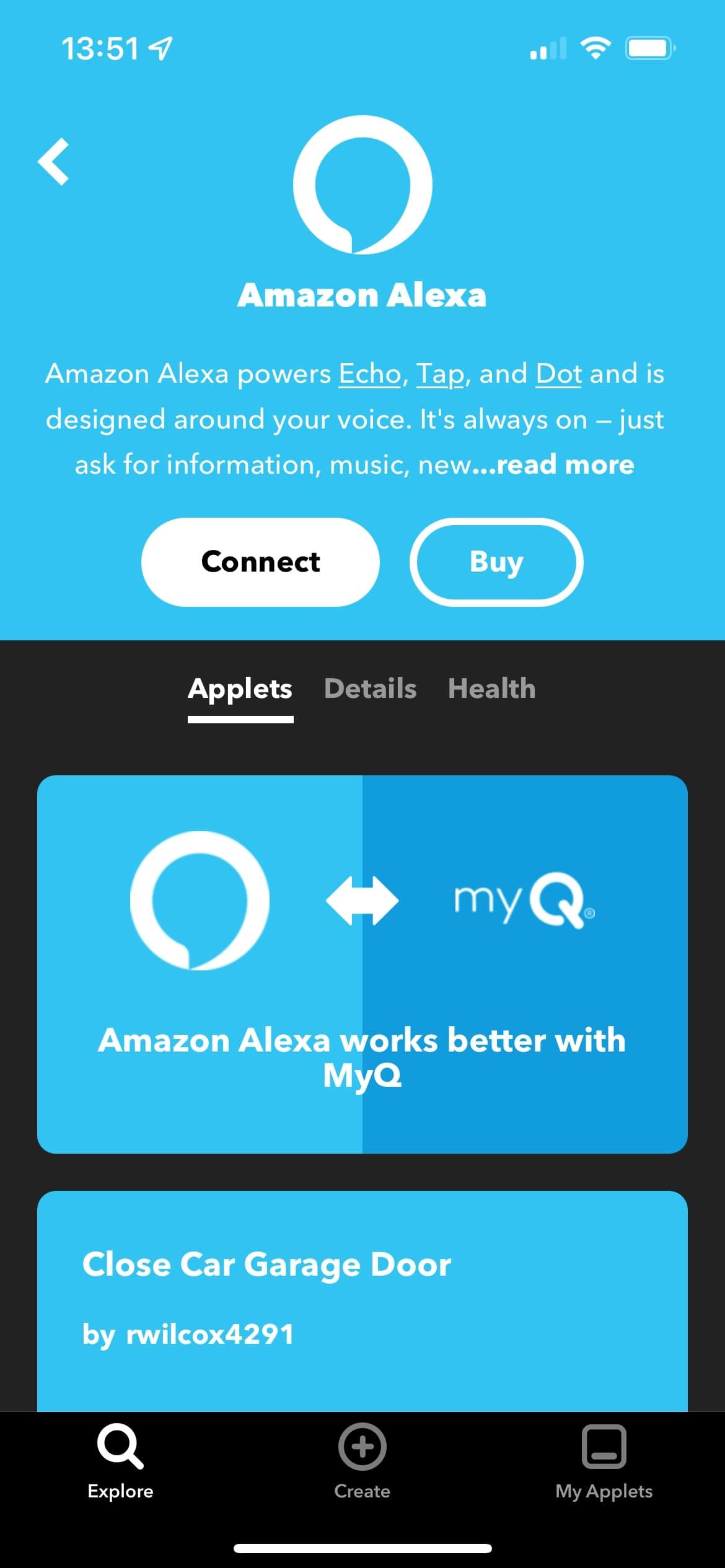 The main page for Amazon Alexa in the IFTTT app