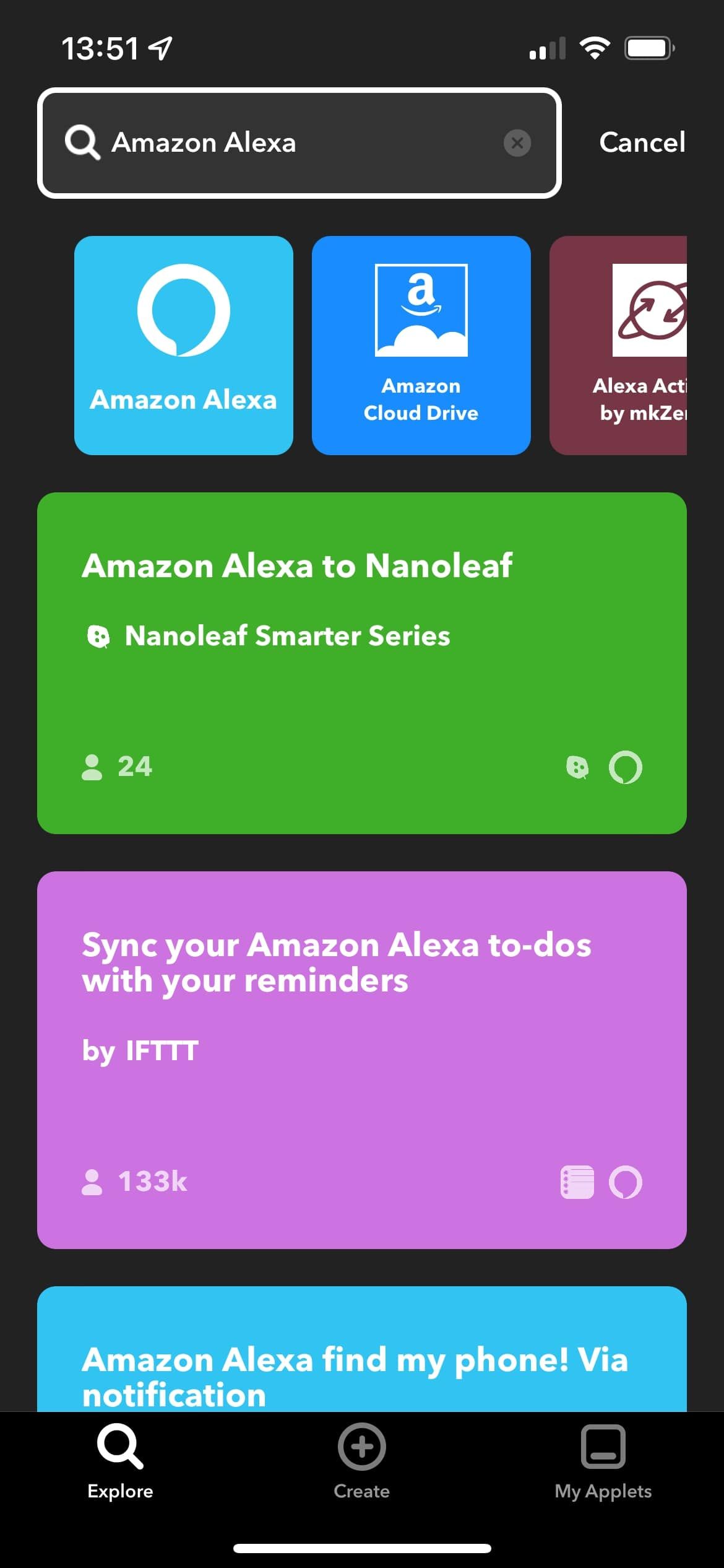 The IFTTT app explore page after Amazon Alexa has been selected