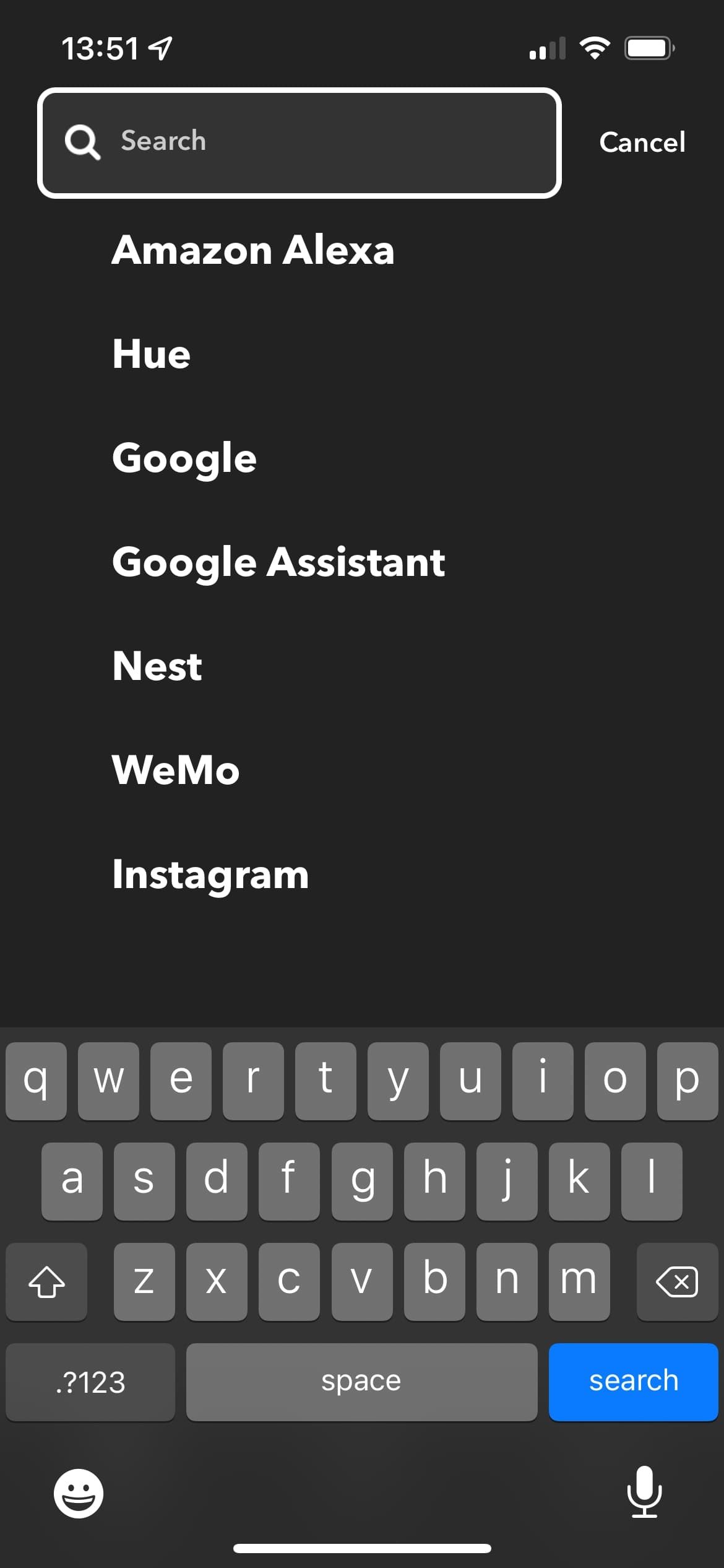 The IFTTT app search suggestions