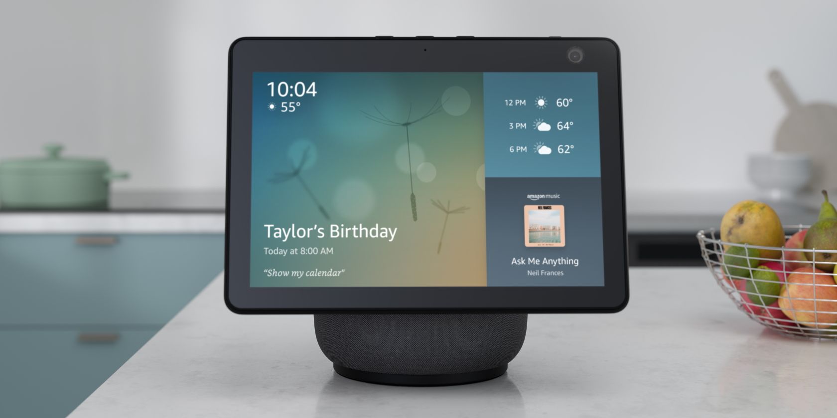 An Echo Show 10 on top of a kitchen counter