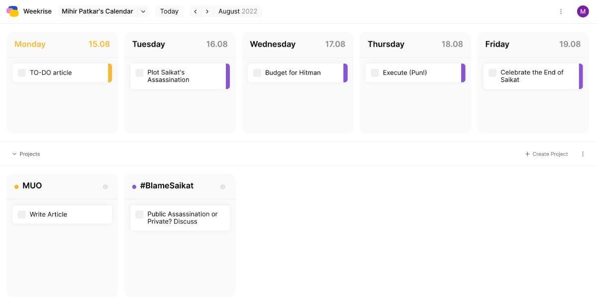 Weekrise lets you plan tasks for the entire week, with color-coded projects and drag-and-drop items