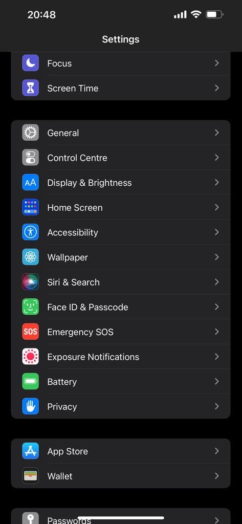 iPhone's settings page.