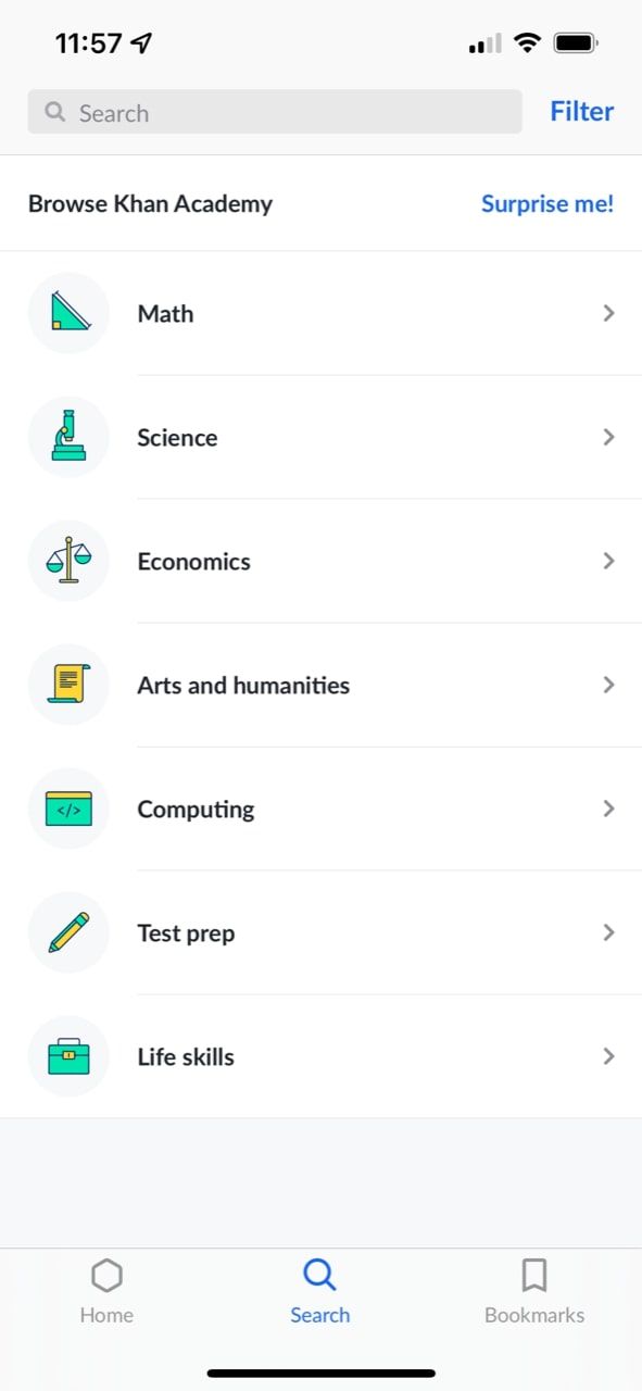 Khan Academy subjects page
