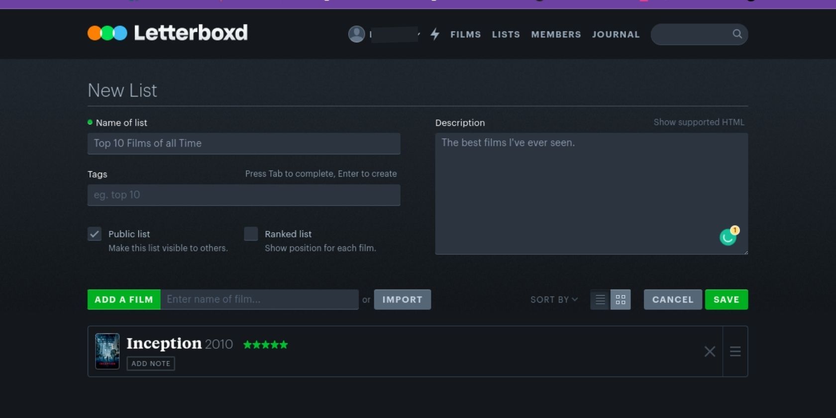 صفحه ایجاد لیست در وب سایت Letterboxd