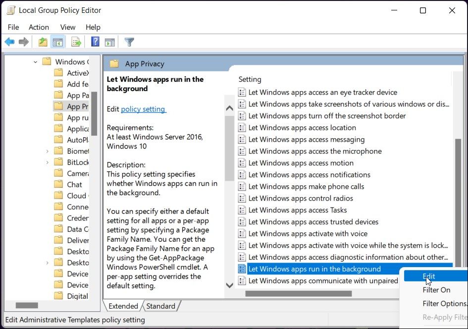 local group policy editor let windows apps run in the background edit