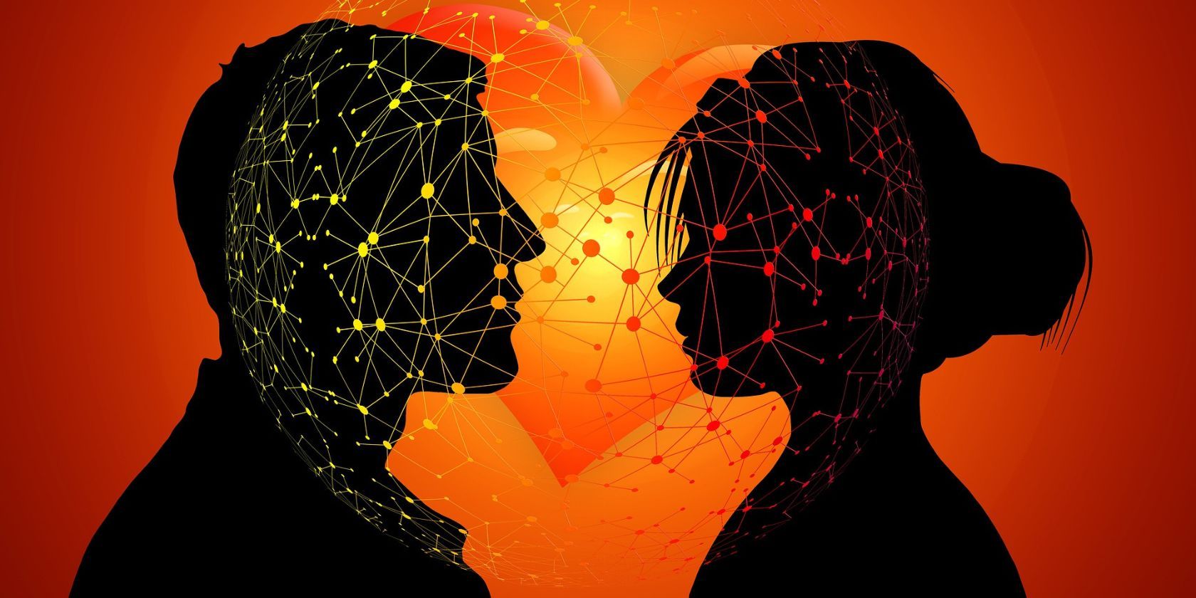 A man and woman opposite each other with a loveheart behind them surrounded in a web of data