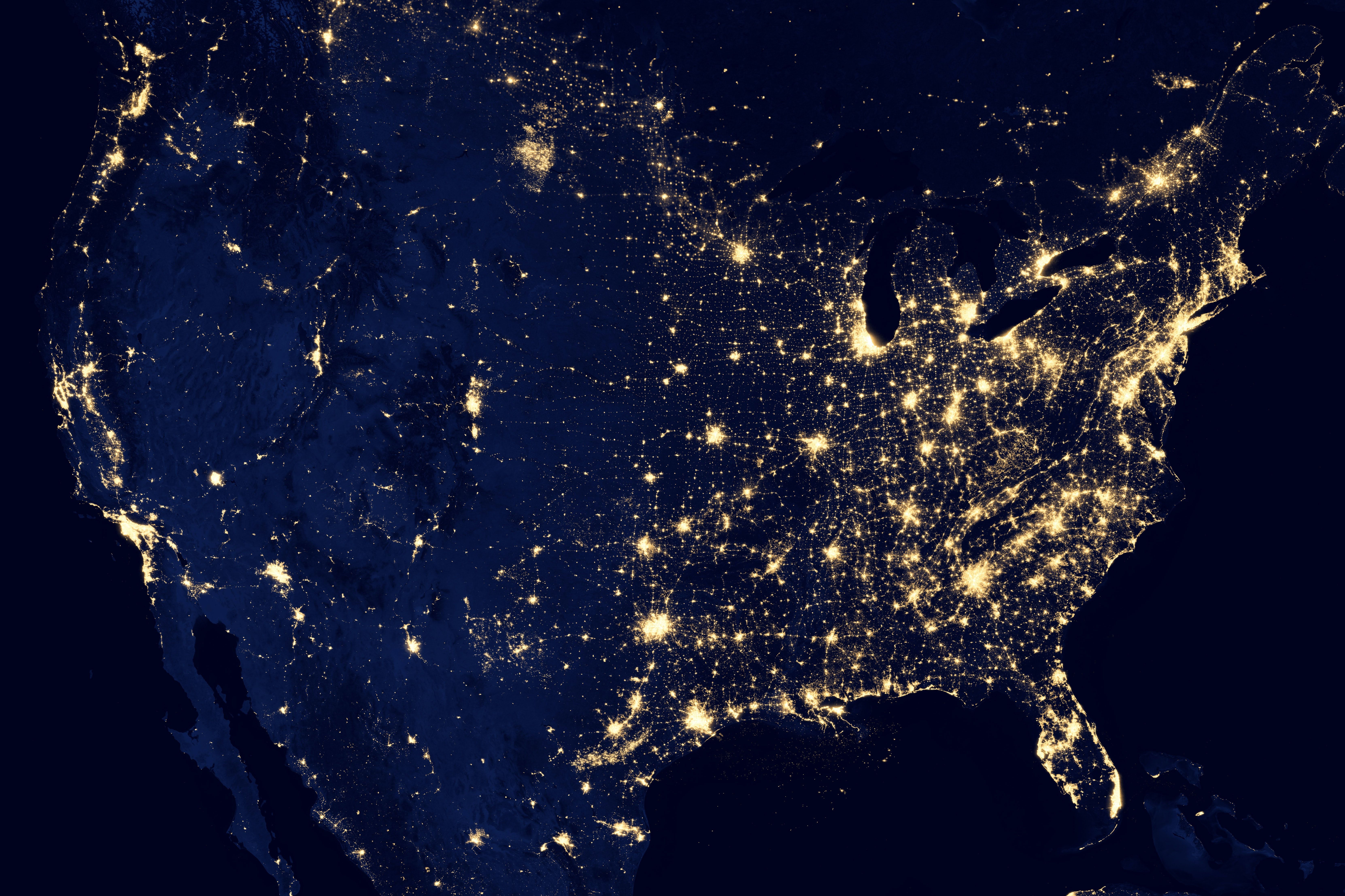 map of the us at night