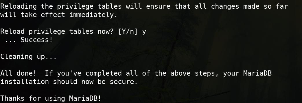 mariadb success message reading, "your MariaDB installation should now be secure."