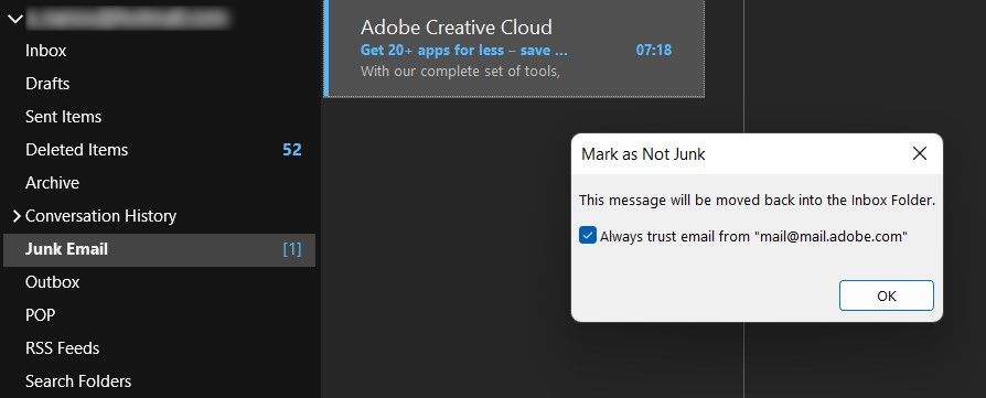 Mark as Not Junk Confirmation Message on Outlook App