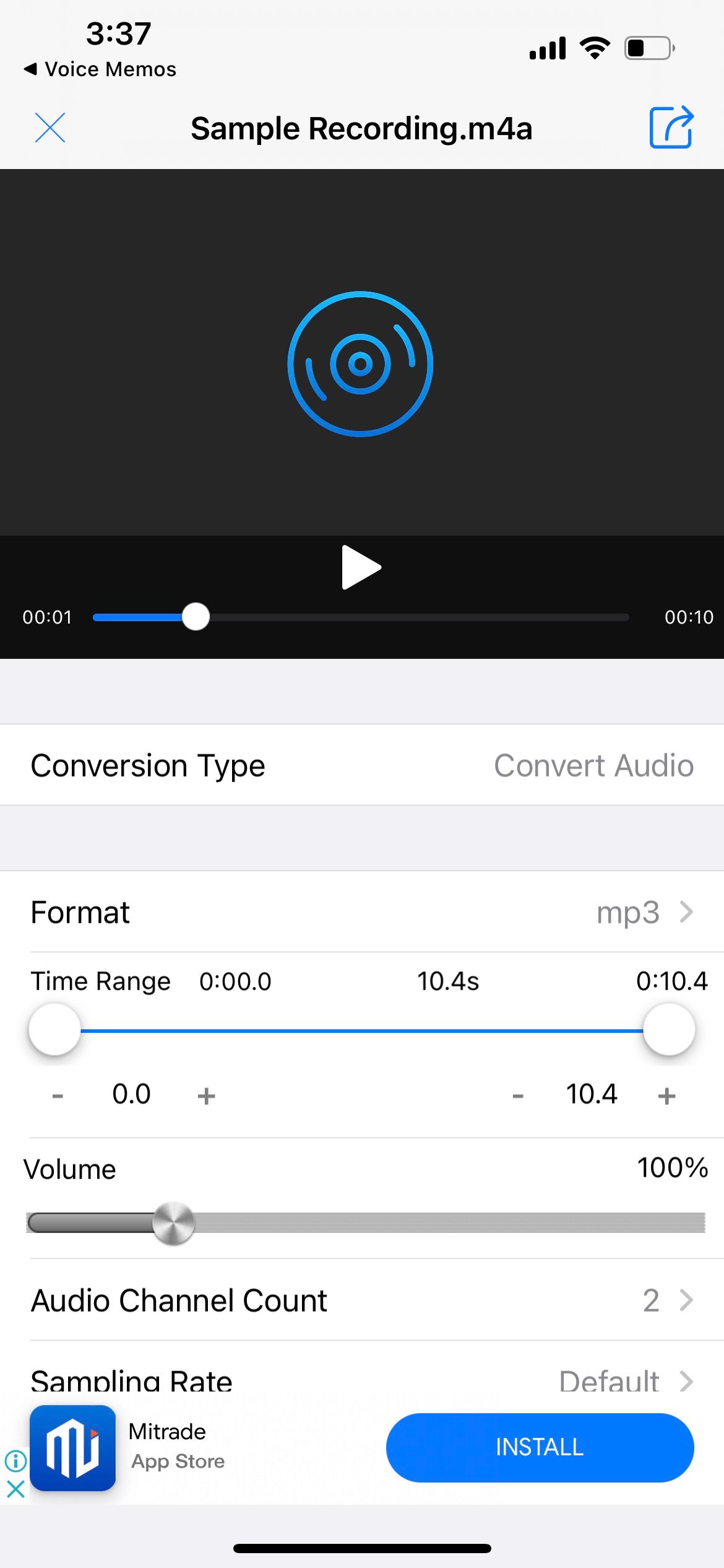 settings when converting m4a to mp3 in media converter app on iphone